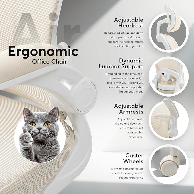 Oline ErgoAir Ergonomic Office Chair – Adjustable Lumbar Support, Flip-Up Armrests, Mesh Computer Desk Chair, Swivel Rolling Executive Gaming Chair for Home & Office (Beige)