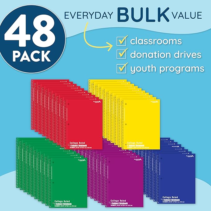 Blue Summit Spiral Notebooks Bulk, One Subject Spiral Notebook College Ruled, Perforated Notebook, 8 x 10.5 for Work and School, Paper, College Ruled, Bulk 48 Pack