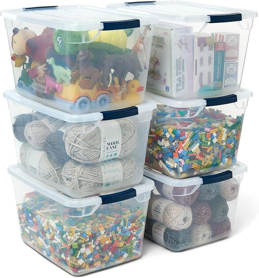 Rubbermaid Cleverstore Clear 32 Qt, 6 Pack Stackable Plastic Storage Containers with Durable Latching Clear Lids, Visible Storage, Great for Closet and Laundry Storage, Organizing in the Home