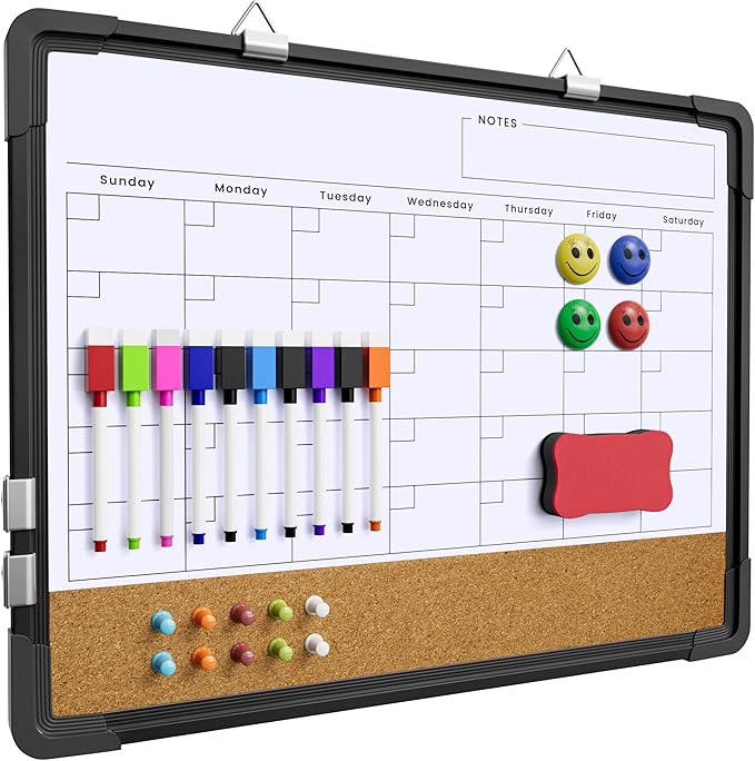 Dry Erase Calendar White Board for Wall, Polegas 17" X 13" Magnetic Whiteboard Dry Erase Cork Board Combination, Small Wall Monthly Double Sided Boards Student, Home, Office (Black)