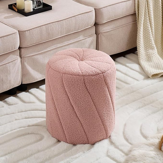 Modern Round Ottoman, Spiral-Tufted Foot Stool Ottoman, Teddy Fleece Upholstered Vanity Stool for Makeup, Bedroom, Living Room, Pink