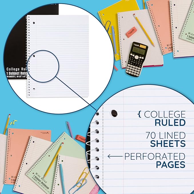 Blue Summit Black Spiral Notebooks Bulk, One Subject Spiral Notebook College Ruled, Perforated Notebook, 8 x 10.5 for Work and School, Paper, College Ruled, Bulk 48 Pack