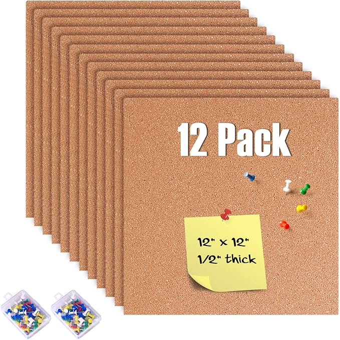 12 Pack Cork Bulletin Board 12 x 12 Inch - 1/2" Thick Cork Board Tiles,Self-Adhesive Frameless Cork Tiles Wall Decor with 100 PCS Pushpins for DIY, Office, School and Home Decor
