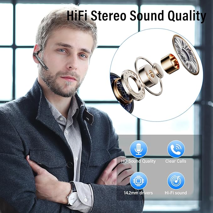 Bluetooth Headset, Wireless Headset with ENC Mic, 60H Talking Time Single-Ear Bluetooth Earpiece V5.3 with Large Charging Case, IP7 Waterproof Hand-Free Headphones for IOS Android Cellphones Black