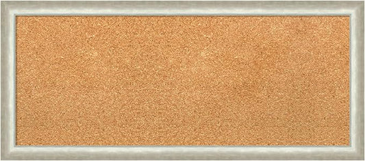 Amanti Art Natural Cork Board for Wall, 14x32 Vision Board with Silver Wood Frame, Medium Corkboard Office Decor for Home Organization, Modern Contemporary Corkboard Pinboard to display items for home
