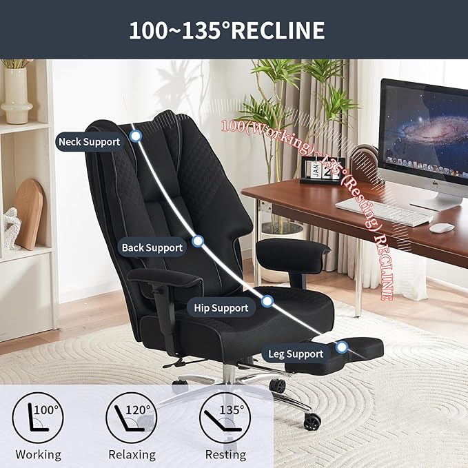 Big and Tall Office Chair 400lbs Wide Seat, Leather High Back Executive Office Chair with Foot Rest, Ergonomic Chairs Lumbar Support for Lower Back Pain Relief (Mesh Black)