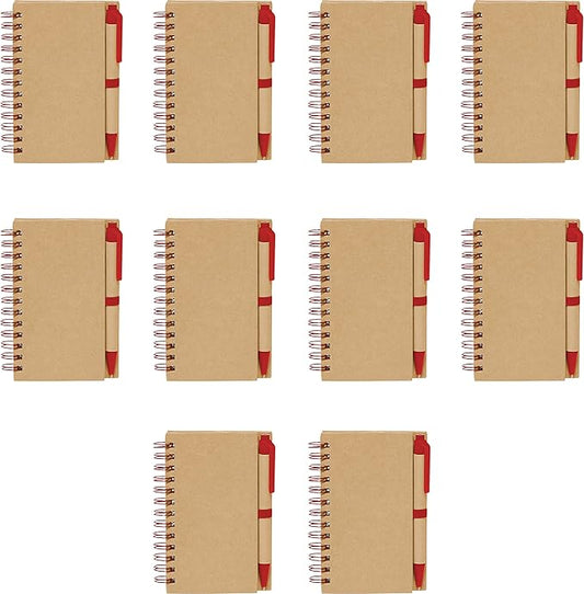 Mini Spiral Notebooks with Black Ink Pens Set of 10, Bulk Pack - Perfect for School, Office, Business, Home - Red