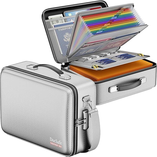 DocSafe Fireproof Document Box with Lock, Hard Case File Organizer with Accordion File Folder, Fireproof Water Resistant Safe Box Home Office Travel Storage for Important Documents Laptop Silver