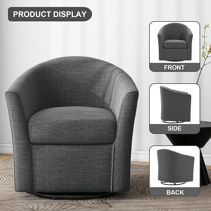 UIXE 360° Swivel Barrel Accent Chairs Set of 2, Modern Round Arm Chair Upholstered Club Armchair, Single Sofa Seating in Fabric for Living Room, Bedroom (Dark Grey)