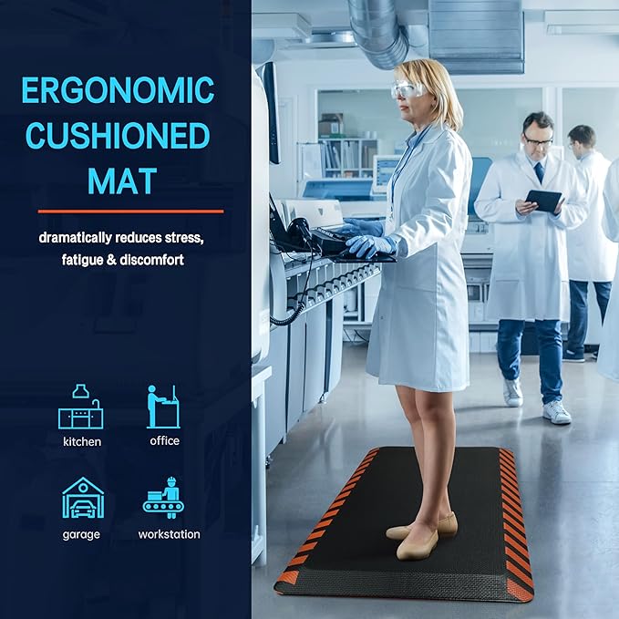 FEATOL Anti Fatigue Mat Industrial, Ergonomic Standing Floor Mat for Work for Stand, Black with Orange Border Safety 20" x 39"-Support for Leg & Back Pain