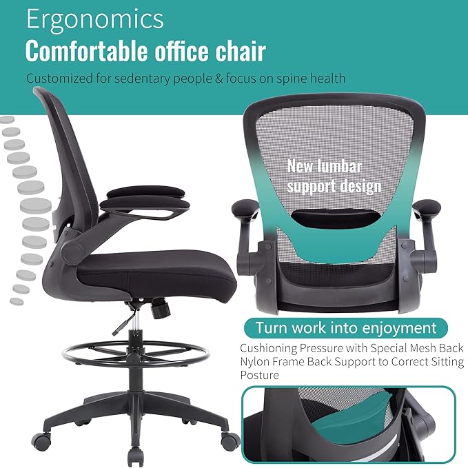 BestOffice Drafting Chair Tall Office Chair with Adjustable Foot Ring and Flip-Up Arms Computer Standing Desk Chair Executive Rolling Swivel Chair for Office & Home