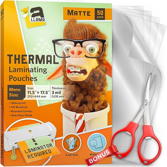 Matte Thermal Laminating Pouches, 11.5 x 17.5 Inches, Matte Finish, 3 Mil Thick, 50 Pack, Suited for Menu Size Laminating Sheets 11 x 17
