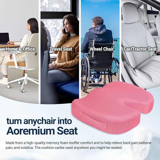 Gel Seat Cushion for Car Office - Memory Foam Pain Relief Chair Pillow Cushions - Tailbone Sciatica Coccyx Butt Lumbar Support Pad for Sitting Driving Traveling, Mesh, Pink