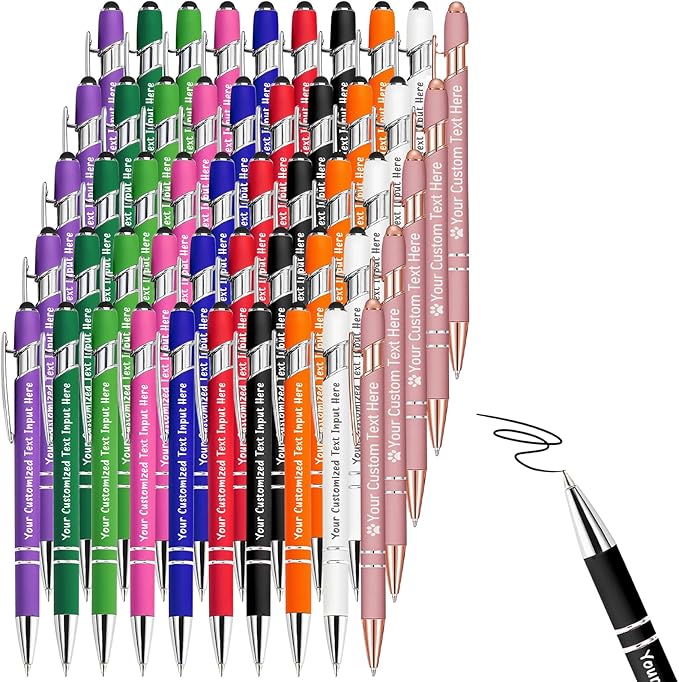Up to 200 Pcs Personalized Ballpoint Pen Custom Pens Free Engraved Bulk with Name Logo Soft Black Ink Stylus with Touch Metal Office Gift for Anniversaries Graduations Birthdays