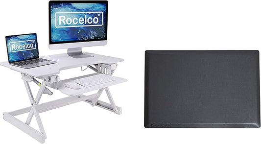 Rocelco 32" Height Adjustable Standing Desk Converter BUNDLE - Sit Stand Computer Workstation Riser with Anti Fatigue Mat - Dual Monitor Retractable Keyboard Tray Gas Spring - Black (R EADRW-MAFM)