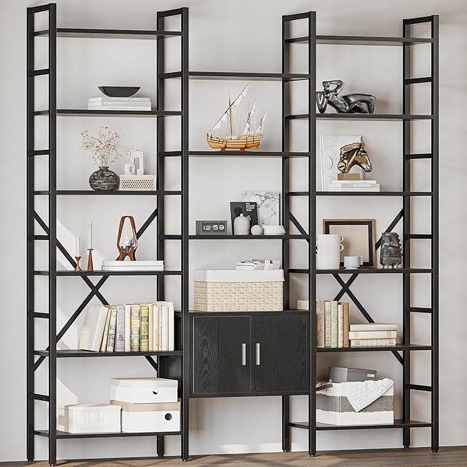70x78 “ Triple 6 Tier Book Shelf, Industrial Large Bookcase with Storage Cabinet, Tall Bookshelf with 16 Open Display Shelves Metal Frame Furniture for Living Room Bedroom Home Office Black
