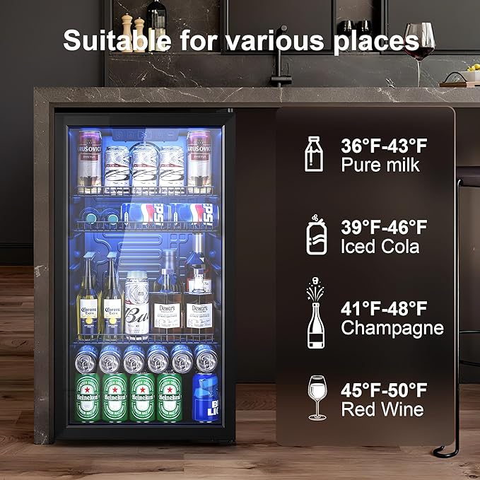 Beverage Refrigerator Cooler, 120 Can Drink Fridge with Glass Door for Soda Beer or Wine, Digital Temperature Control, Mini Fridge for Bedroom, Bar, Office (Black, 3.23 Cu.Ft)