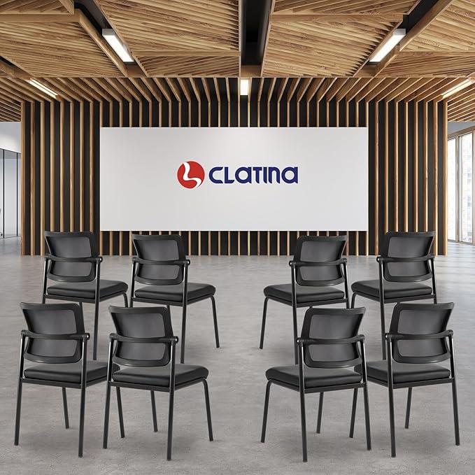 CLATINA Stackable Waiting Room Chair with Adjustable Mesh Backrest, Armless Office Guest Reception Chairs with Leather Cushion and Ergonomic Lumbar Support for Conference Lobby Side School, Black, 2PK