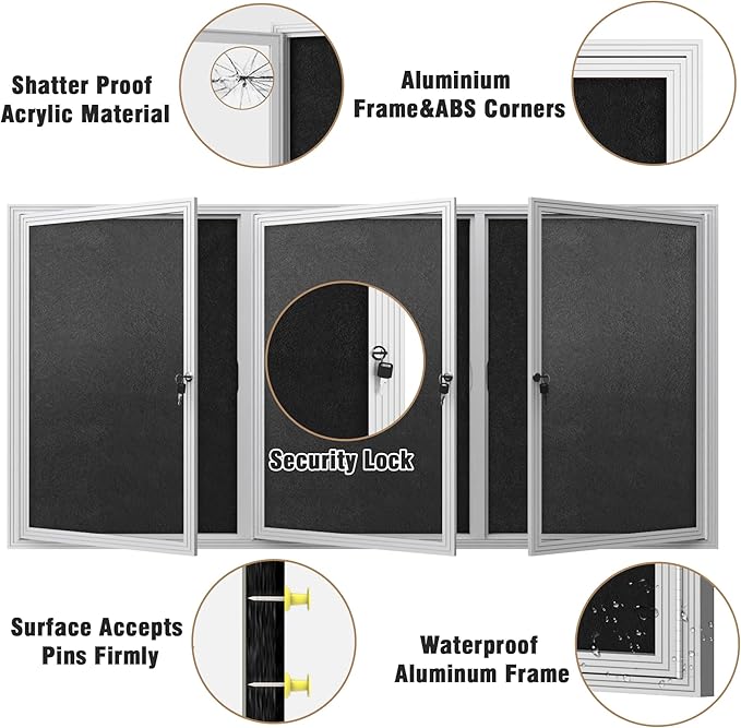 70"x34" Enclosed Bulletin Board, Outdoor Lockable Weather-Resistant Aluminum Cork Noticeboard for School & Office, Silver Frame w/Black Flet