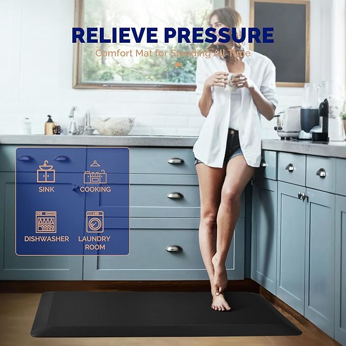 FEATOL 4 Packs Anti Fatigue Mats for Kitchen Floor Thick Cushioned Standing Desk Mat, Ergonomic Kitchen Mats Set of 4, Memory Foam Comfort Floor Padded Foam Rugs, Non-Slip (20" x 39", Black)