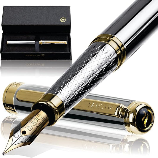 Customized Silver&Gold Luxury fountain pen (Made In USA) fancy gift set for women, Real 24K Gold Plating, Professional executive pen gift set for men (Lux Custom-fountain Silver-Gold)