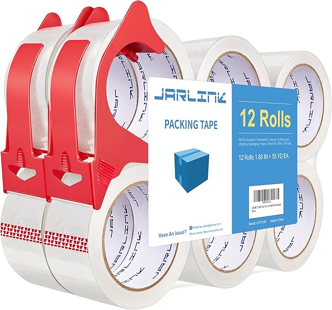 JARLINK 12 Rolls Clear Packing Tape with 2 Dispensers, Heavy Duty Packaging Tape Refills for Shipping Packaging Mailing, 2.7mil Thick, 1.88 inches Wide, 55 Yards Per Roll, 660 Total Yards