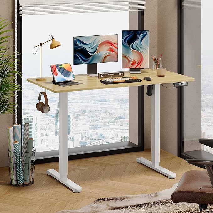 DEVAISE 48 Inch Electric Standing Desk, 3 Adjustable Height Stand up Desk for Home Office, Ergonomic Sit to Stand Desk with LED Touchscreen, Headphone Hook, 3 Memory Preset Computer Desk (Maple)