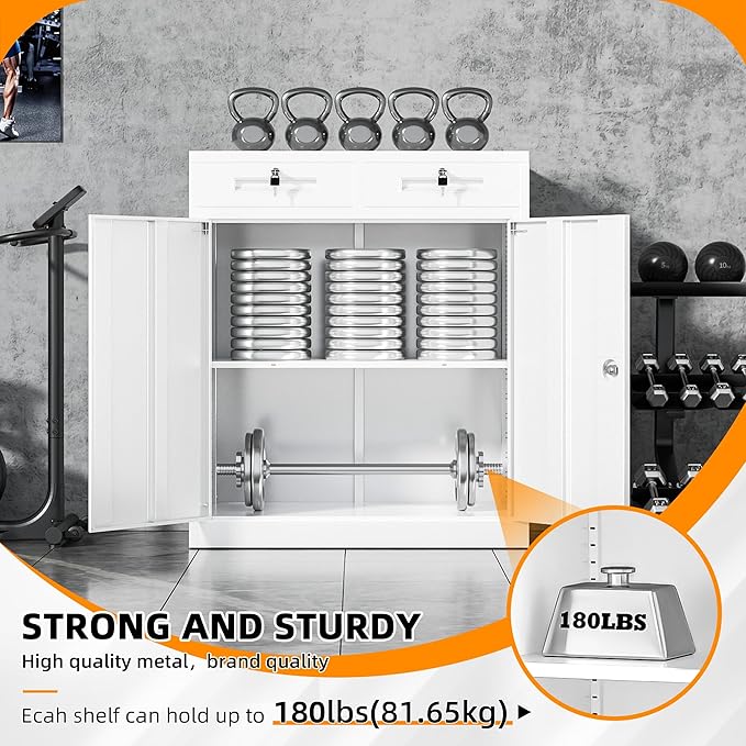 INTERGREAT Metal Cabinets with Drawers,White Metal Storage Cabinets with Doors and Shelves for Garage,Locking Garage Storage Cabinets Drawer 42"×36"×18"