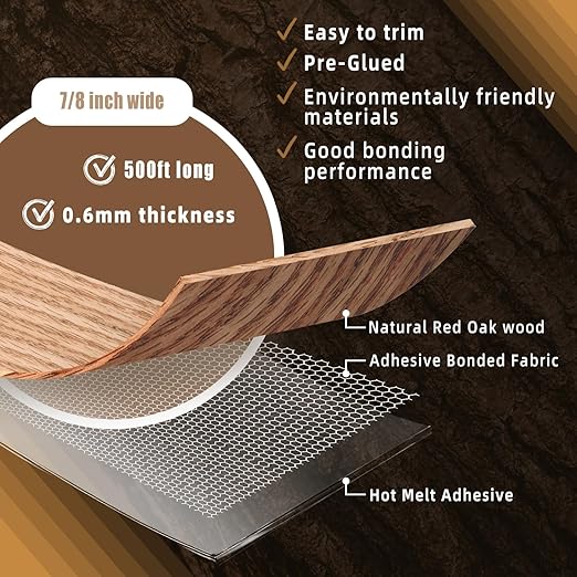GSCIT Club Red Oak Edge Banding, 7/8 inch x 500ft roll of Veneer Edge Banding Pre-glued Flexible, Wood Tape Banding for Cabinet Repair Furniture