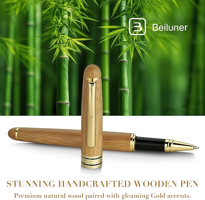 BEILUNER Luxury Bamboo Wooden Ballpoint Pen Writing Set - Elegant Fancy Nice Gift Pen Set for Signature Executive Business Office Supplies - Gift Boxed with Extra Refills (Black)