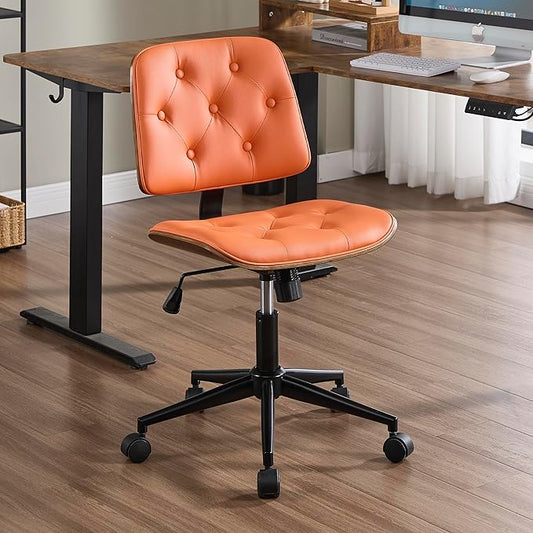 Small Home Office Chair - Armless Mid Back Desk Chair with 360° Swivel and Wheels, PU Upholstered Height Adjustable Modern Walnut Computer Chair for Home, Office Meeting Room - Orange