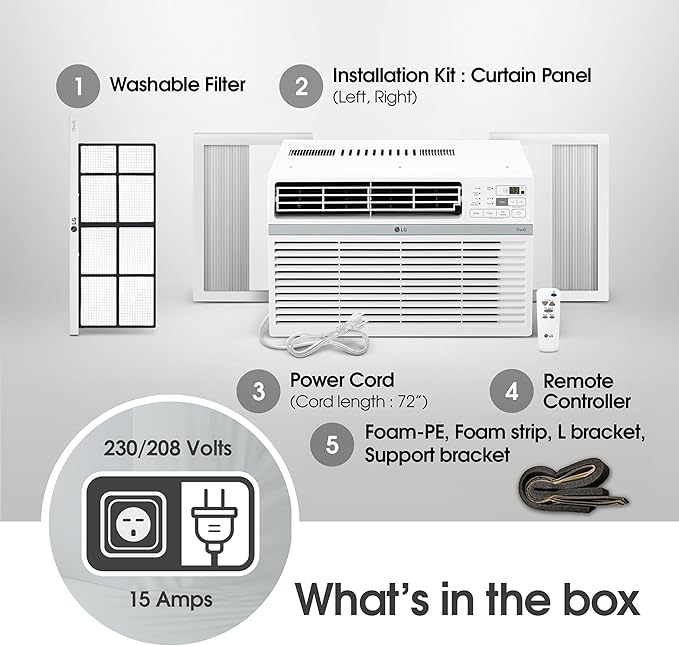 LG 24,500 BTU Smart Window Air Conditioner, 230/208V, Cools Room up to 1560 Sq. Ft. for Bedrooms, Living Room, Apartments, with Remote, 3 Fan Speeds, 24-Hour Timer, White