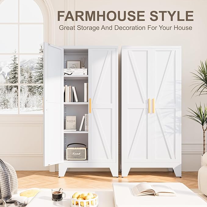 61H Metal Storage Cabinet with 2 Doors and 5 Shelves,Farmhouse Storage Cabinet with Barn Doors,Pantry Storage for Home,Office,Bathroom,Dining Room,Kitchen(White)