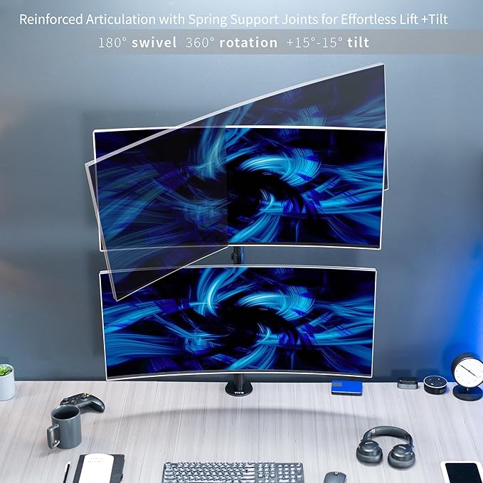 VIVO Dual Vertically Stacked Ultra-Wide Monitor Desk Mount, Extra Tall Heavy Duty Adjustable Stand for 2 Ultrawide Screens up to 45 inches, 25 lbs Per Screen Capacity, Black, STAND-V200R