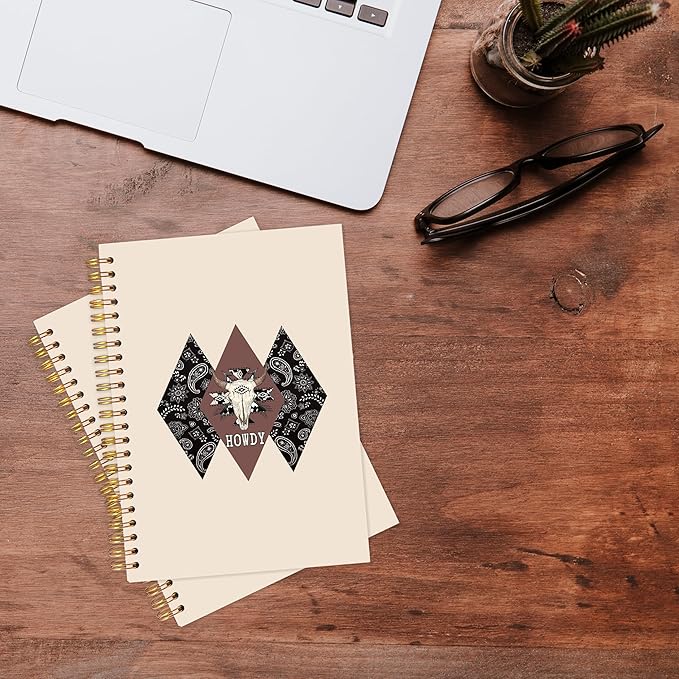 KAOWT Boho Western Howdy Notebook Journal, Rustic Western Cow Skull Notebooks for Note Taking, Country Southwestern Tribal Journal, Cowboy Cowgirl Gifts Hardcover Spiral Notebook 5.5x8.3in