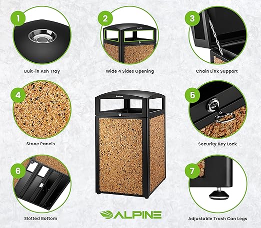 Alpine Outdoor Commercial Trash Can with Lid - 40 Gallon Heavy Duty Metal Garbage Can with Removable Bin, Locking Lid & a Modern Look in Park & High Traffic Areas (Black, Brown Stone Panels with Tray)