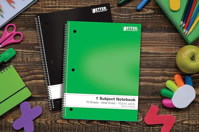 Better Office Products Spiral Notebooks 1-Subject, 24 Pack, Wide Rule, 70 Sheet, 8 x 10.5 inches, 6 Assorted Primary Colors, 24 Pack