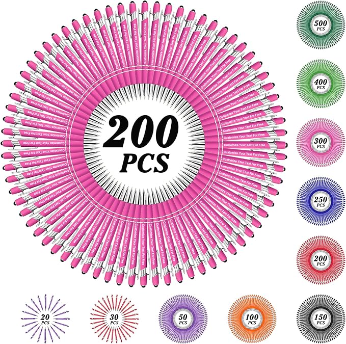 Max 500 Pcs Personalized Pens Bulk, Custom Pens with Free Engraving, Customized Stylus Tip Ballpoint Pen with Your Name Massage Text for School Office Business Graduation Anniversaries-200 Packs
