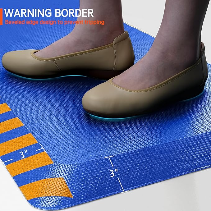 FEATOL Anti Fatigue Mat Industrial, Ergonomic Standing Floor Mat for Work for Stand, Blue with Yellow Border Safety 17" x 24"-Support for Leg & Back Pain