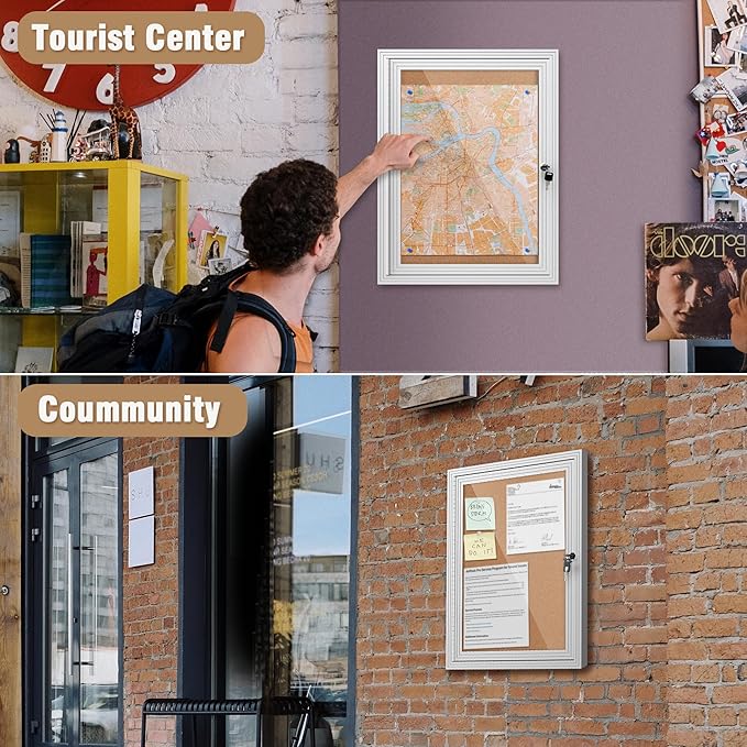 26"x20" Enclosed Bulletin Board, Outdoor Lockable Weather-Resistant Aluminum Cork Noticeboard for School & Office, Silver Frame w/Cork