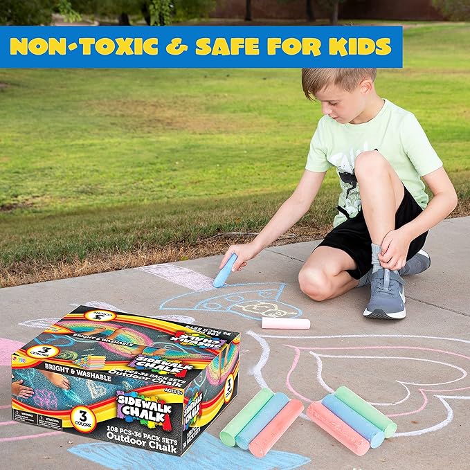 JOYIN 108 PCS Sidewalk Chalk Set in 36 Count, 3 Assorted Colors, Non-Toxic Jumbo Washable Driveway Chalk for Outdoor Art Play, Great Gift Toys for Kids, Classroom