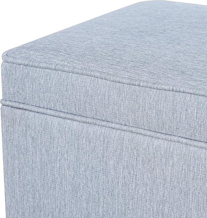 Adeco 17.5" Square Fabric Ottoman with Storage, Upholstered Cotton Linen Foot Rest, Flip Top Footstool, Small Cube Coffee Table Extra Seat for Living Room, Bedroom, Ice Blue with Rolling Legs