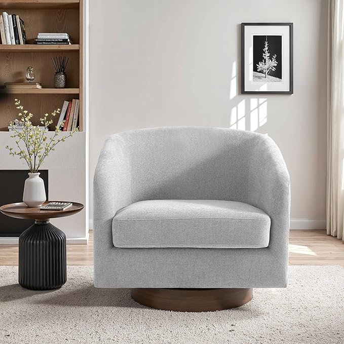 UIXE Swivel Accent Chair with Wood Base, Chenille Upholstered Barrel Chairs for Living Room, Comfy Round Armchair Single Sofa Bedroom Reading Seat - 31" W, Light Gray