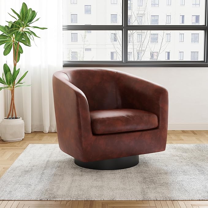 UIXE Faux Leather Swivel Accent Chair with Wood Base, Modern Upholstered Barrel Chairs for Living Room, Comfy Round Armchair Single Sofa Bedroom Reading Seat - 31" W, Red Brown