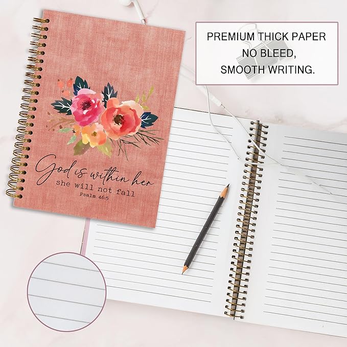 Bible Notebook, A5 Spiral Christian Journal Pink Floral Notebook, Bible Verse-God is Within Her She Will Not Fall, Inspirational Notebooks for Women, Bible Study, Gift for Birthday Christmas