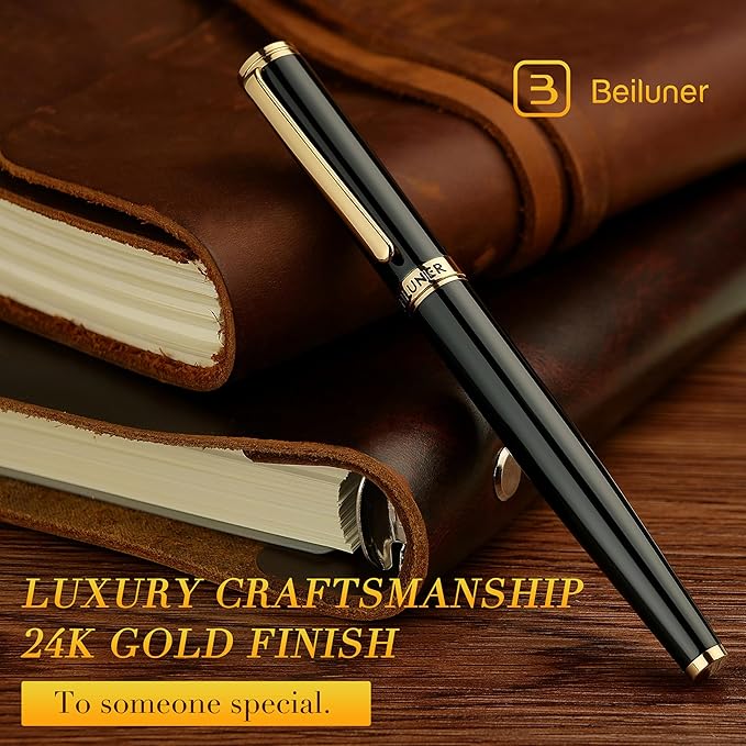 BEILUNER Black Fountain Pen,Stunning Luxury Piano Lacquer,24K Gilded Nib(Fine),Gorgeous 24K Gold Finish, Ink Converter,Trustworthy Gift for Men&Women-Elegant, Reliable,Executive,Nice Pens for Writing