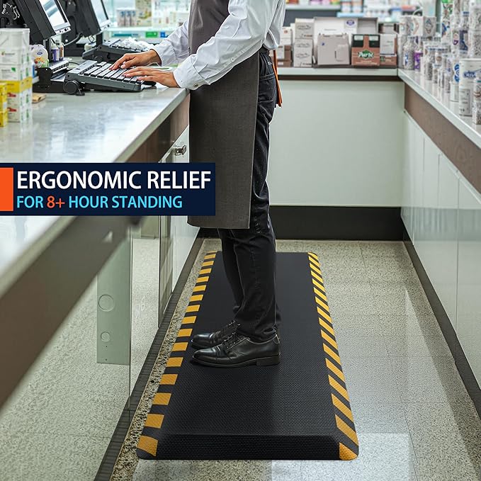 FEATOL Anti Fatigue Mat Industrial, Ergonomic Standing Floor Mat for Work for Stand, Black with Yellow Border Safety 20" x 32"-Support for Leg & Back Pain