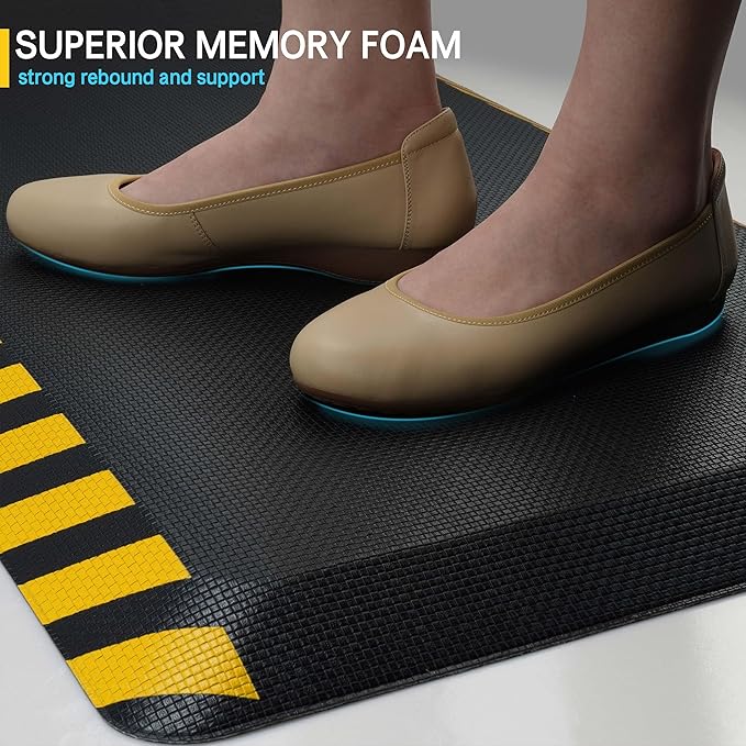 FEATOL Anti Fatigue Mats Industrial 4 Packs, Ergonomic Standing Floor Mat for Work for Stand, Black with Yellow Border Safety 24" x 70"-Support for Leg & Back Pain