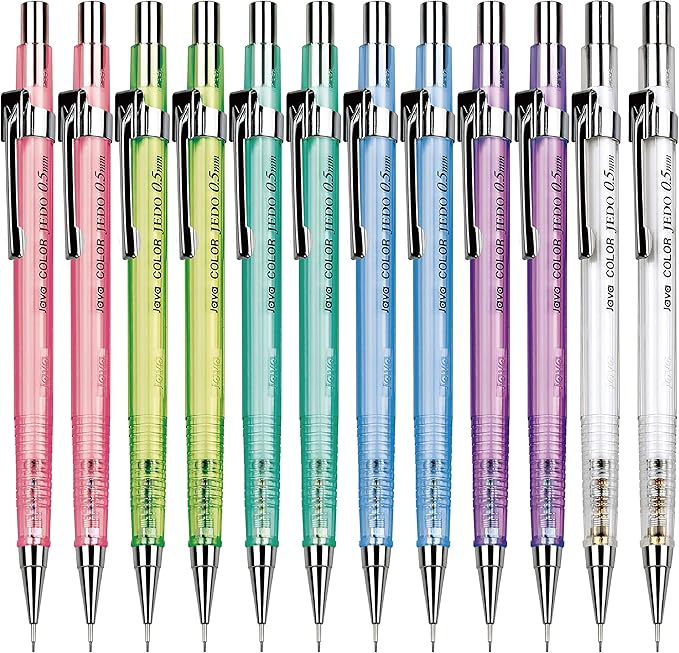 JVPEN Transparent Mechanical Pencils – 0.5 mm Drafting Pencils, Assorted Clear Colors – Smooth Writing, Non-Slip Grip, Built-in Eraser – Ideal for School, Office & Technical Drawing – 12-Pack