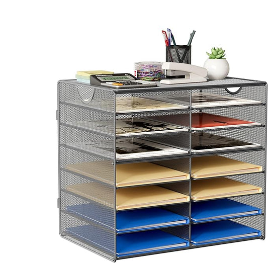 EasyPAG 14-Slot Mesh Desk File Organizer with Handle, Metal Frame Paper Tray for Classroom/Office/Home - Easy Assembly, Durable Tiered Sorter & A4/Letter Size, Silver